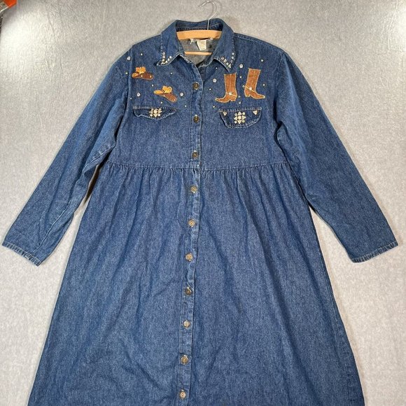 Denim maxi Dress Womens 14 Full Button Front Western Studded Cowboy Boots Hat - Picture 3 of 15